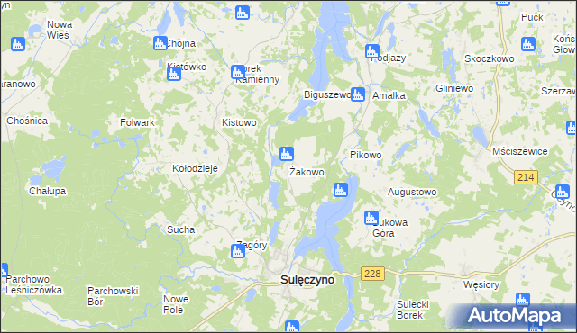 mapa Żakowo gmina Sulęczyno, Żakowo gmina Sulęczyno na mapie Targeo