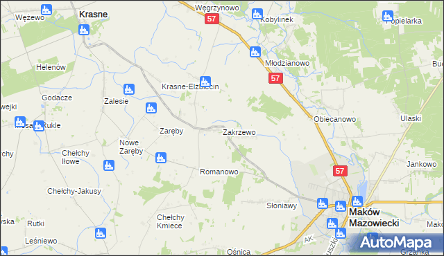 mapa Zakrzewo gmina Karniewo, Zakrzewo gmina Karniewo na mapie Targeo