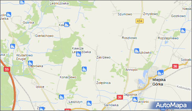 mapa Zakrzewo gmina Miejska Górka, Zakrzewo gmina Miejska Górka na mapie Targeo