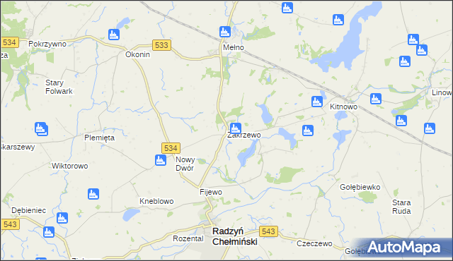 mapa Zakrzewo gmina Radzyń Chełmiński, Zakrzewo gmina Radzyń Chełmiński na mapie Targeo
