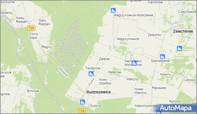 mapa Zalesie gmina Budziszewice, Zalesie gmina Budziszewice na mapie Targeo