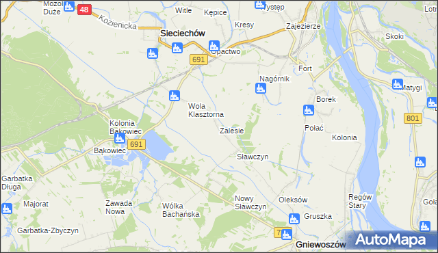 mapa Zalesie gmina Gniewoszów, Zalesie gmina Gniewoszów na mapie Targeo