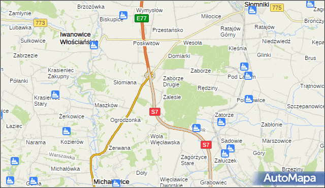 mapa Zalesie gmina Iwanowice, Zalesie gmina Iwanowice na mapie Targeo