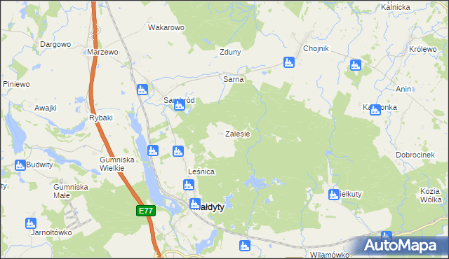 mapa Zalesie gmina Małdyty, Zalesie gmina Małdyty na mapie Targeo