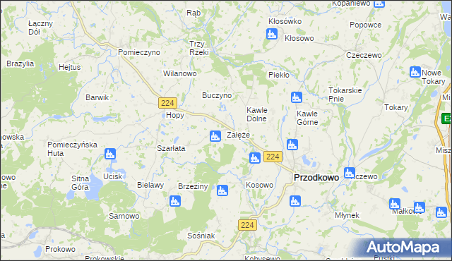 mapa Załęże gmina Przodkowo, Załęże gmina Przodkowo na mapie Targeo