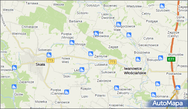 mapa Zamłynie gmina Skała, Zamłynie gmina Skała na mapie Targeo