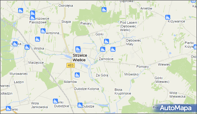 mapa Zamoście gmina Strzelce Wielkie, Zamoście gmina Strzelce Wielkie na mapie Targeo