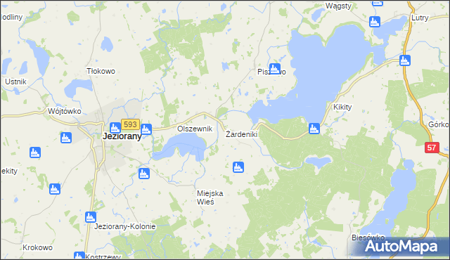 mapa Żardeniki gmina Jeziorany, Żardeniki gmina Jeziorany na mapie Targeo