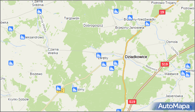 mapa Zaręby gmina Dziadkowice, Zaręby gmina Dziadkowice na mapie Targeo