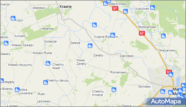 mapa Zaręby gmina Karniewo, Zaręby gmina Karniewo na mapie Targeo