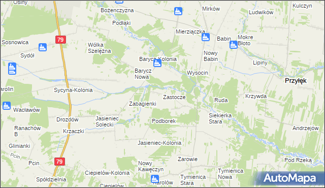 mapa Zastocze gmina Zwoleń, Zastocze gmina Zwoleń na mapie Targeo