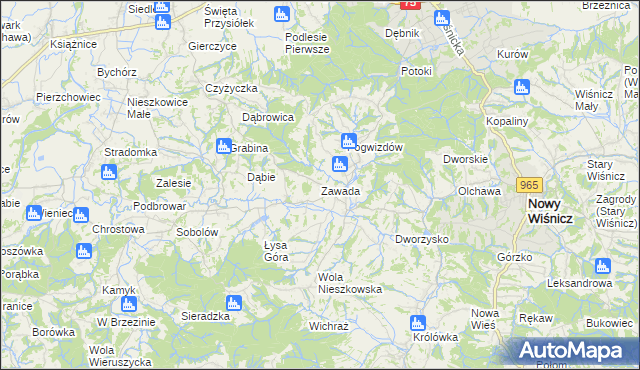 mapa Zawada gmina Bochnia, Zawada gmina Bochnia na mapie Targeo