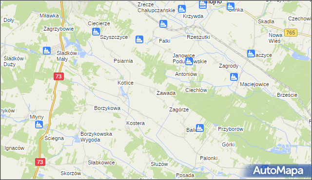 mapa Zawada gmina Gnojno, Zawada gmina Gnojno na mapie Targeo