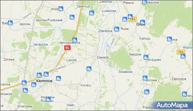 mapa Zawada gmina Kłomnice, Zawada gmina Kłomnice na mapie Targeo