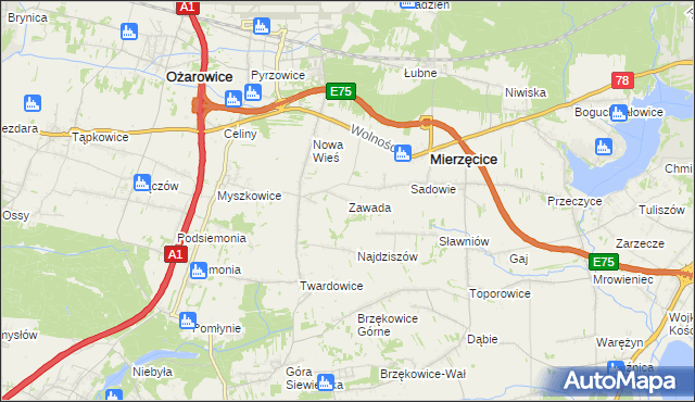 mapa Zawada gmina Mierzęcice, Zawada gmina Mierzęcice na mapie Targeo