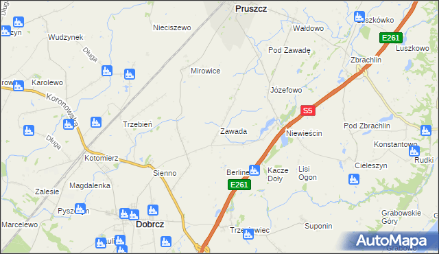 mapa Zawada gmina Pruszcz, Zawada gmina Pruszcz na mapie Targeo