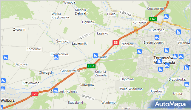 mapa Zawada gmina Tomaszów Mazowiecki, Zawada gmina Tomaszów Mazowiecki na mapie Targeo