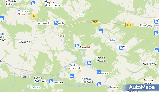 mapa Zawadki gmina Susiec, Zawadki gmina Susiec na mapie Targeo