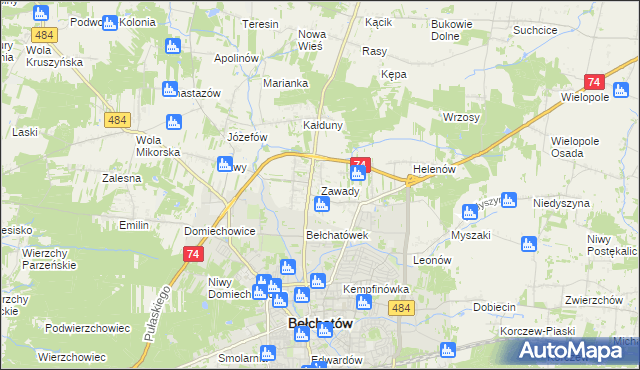 mapa Zawady gmina Bełchatów, Zawady gmina Bełchatów na mapie Targeo