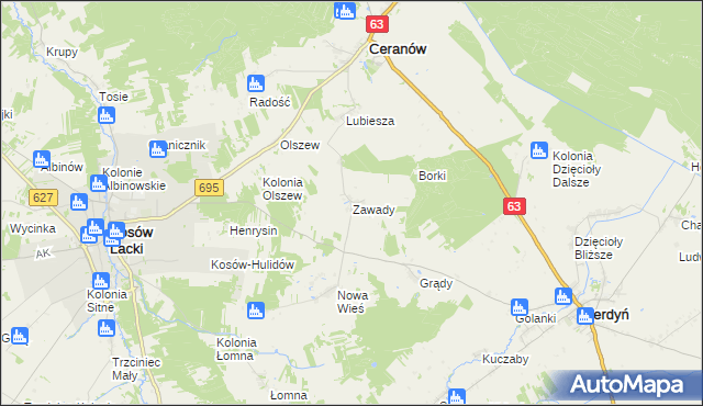 mapa Zawady gmina Ceranów, Zawady gmina Ceranów na mapie Targeo