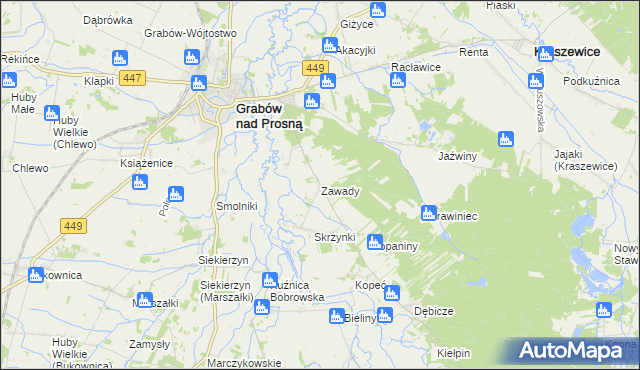 mapa Zawady gmina Grabów nad Prosną, Zawady gmina Grabów nad Prosną na mapie Targeo