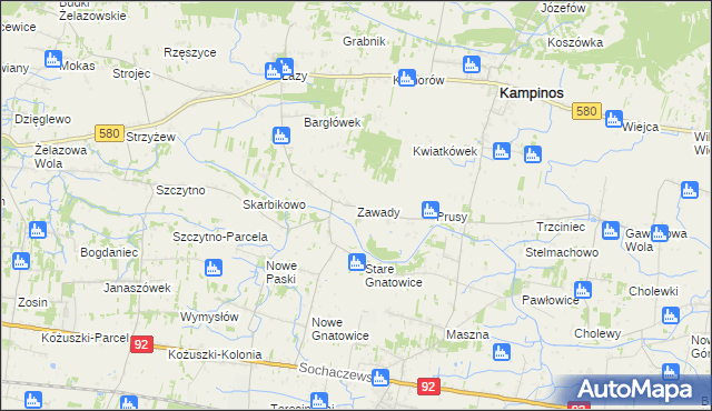 mapa Zawady gmina Kampinos, Zawady gmina Kampinos na mapie Targeo