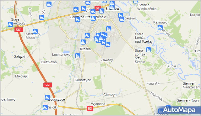 mapa Zawady gmina Łomża, Zawady gmina Łomża na mapie Targeo