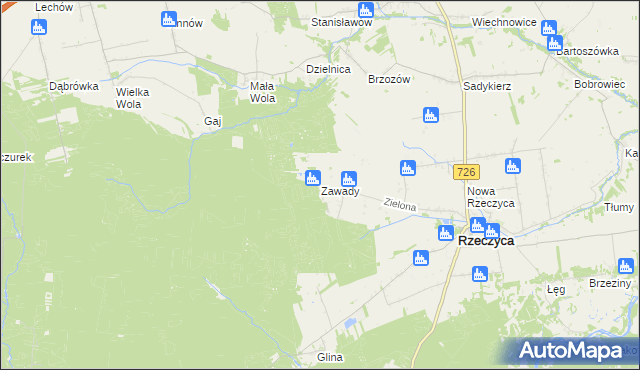 mapa Zawady gmina Rzeczyca, Zawady gmina Rzeczyca na mapie Targeo
