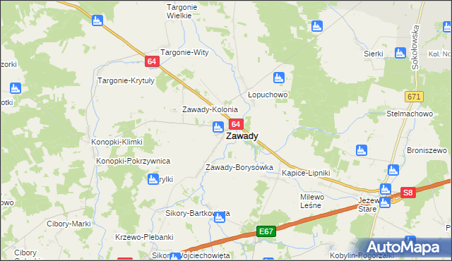 mapa Zawady powiat białostocki, Zawady powiat białostocki na mapie Targeo