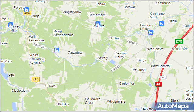 mapa Zawały gmina Bełchatów, Zawały gmina Bełchatów na mapie Targeo