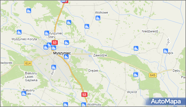 mapa Zawodzie gmina Myszyniec, Zawodzie gmina Myszyniec na mapie Targeo