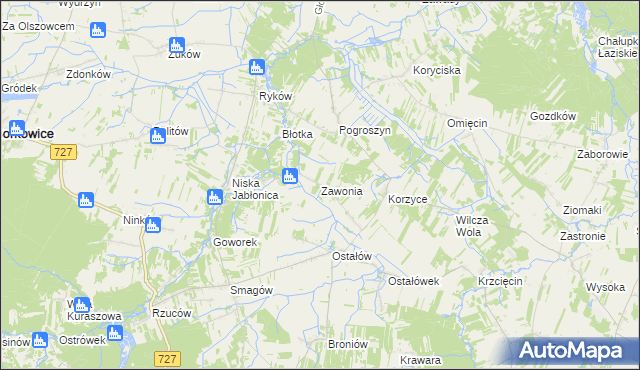 mapa Zawonia gmina Chlewiska, Zawonia gmina Chlewiska na mapie Targeo
