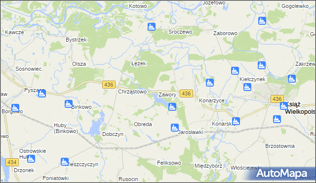 mapa Zawory gmina Książ Wielkopolski, Zawory gmina Książ Wielkopolski na mapie Targeo