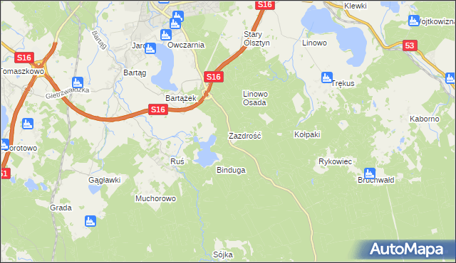 mapa Zazdrość gmina Stawiguda, Zazdrość gmina Stawiguda na mapie Targeo