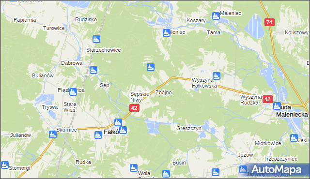 mapa Zbójno gmina Fałków, Zbójno gmina Fałków na mapie Targeo