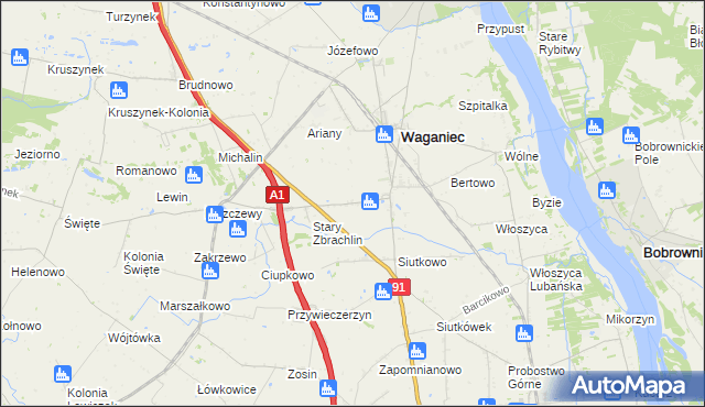 mapa Zbrachlin gmina Waganiec, Zbrachlin gmina Waganiec na mapie Targeo