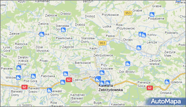mapa Zebrzydowice gmina Kalwaria Zebrzydowska, Zebrzydowice gmina Kalwaria Zebrzydowska na mapie Targeo