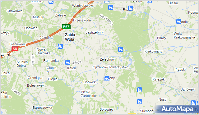 mapa Żelechów gmina Żabia Wola, Żelechów gmina Żabia Wola na mapie Targeo