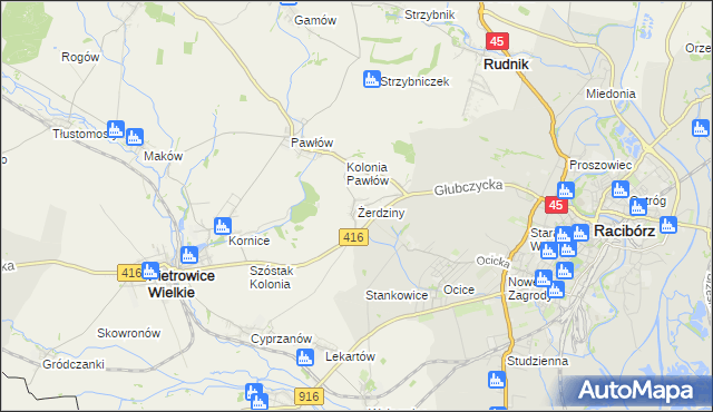 mapa Żerdziny gmina Pietrowice Wielkie, Żerdziny gmina Pietrowice Wielkie na mapie Targeo