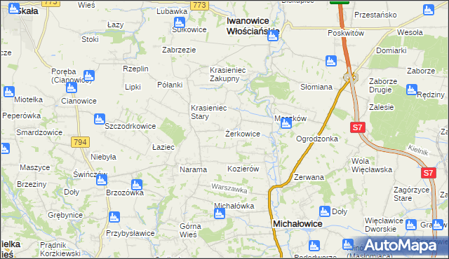 mapa Żerkowice gmina Iwanowice, Żerkowice gmina Iwanowice na mapie Targeo