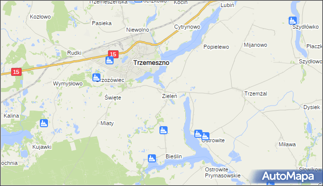 mapa Zieleń gmina Trzemeszno, Zieleń gmina Trzemeszno na mapie Targeo