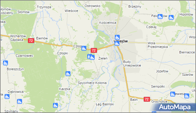 mapa Zieleń gmina Uniejów, Zieleń gmina Uniejów na mapie Targeo