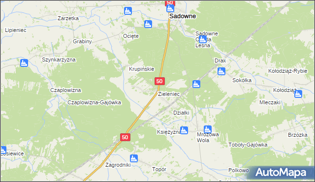 mapa Zieleniec gmina Sadowne, Zieleniec gmina Sadowne na mapie Targeo