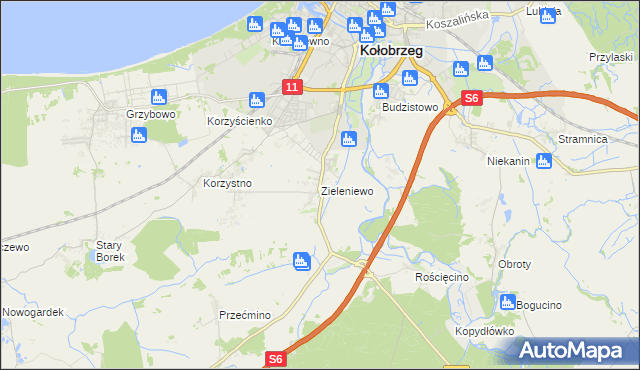 mapa Zieleniewo gmina Kołobrzeg, Zieleniewo gmina Kołobrzeg na mapie Targeo