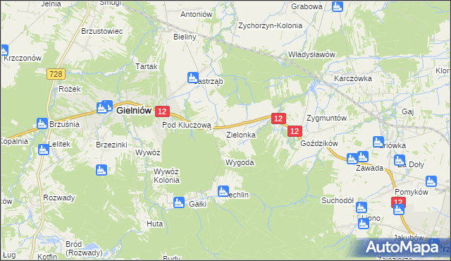 mapa Zielonka gmina Gielniów, Zielonka gmina Gielniów na mapie Targeo