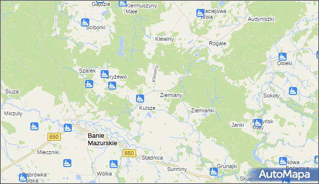 mapa Ziemiany gmina Banie Mazurskie, Ziemiany gmina Banie Mazurskie na mapie Targeo