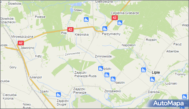 mapa Zimnowoda gmina Lipie, Zimnowoda gmina Lipie na mapie Targeo