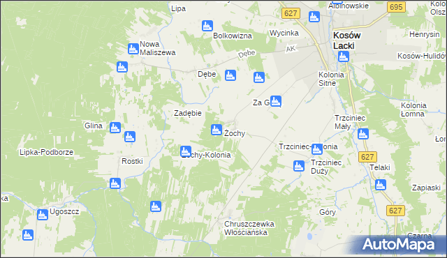 mapa Żochy gmina Kosów Lacki, Żochy gmina Kosów Lacki na mapie Targeo