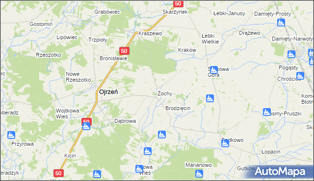 mapa Żochy gmina Ojrzeń, Żochy gmina Ojrzeń na mapie Targeo