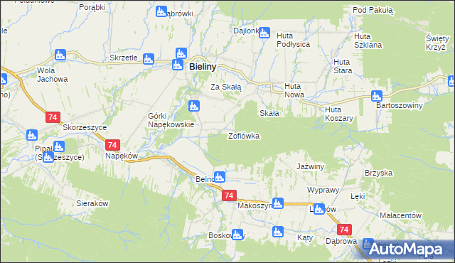 mapa Zofiówka gmina Bieliny, Zofiówka gmina Bieliny na mapie Targeo